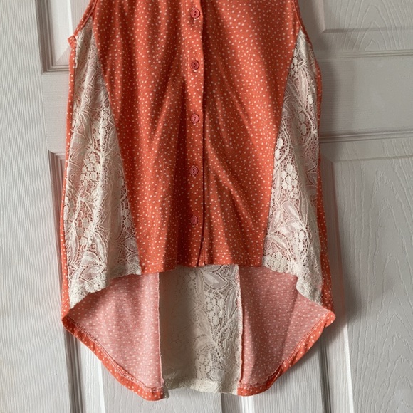 Exhilaration orange peach sheer Floral lacy button front Highlow shirt blouse - Picture 5 of 17